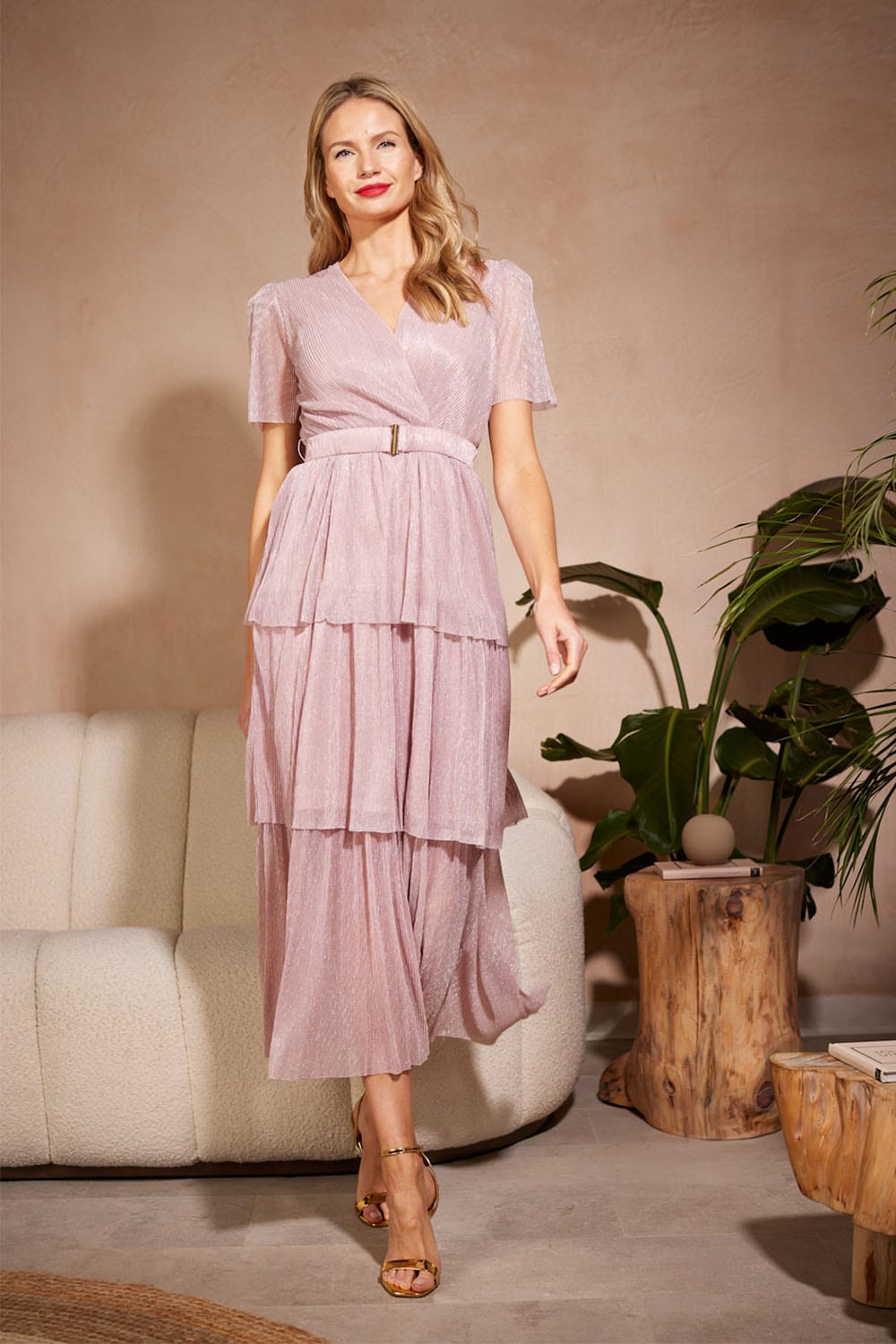 Pink | Lurex Wrap Front Tiered Midi Dress : Model is 5'10"/178 cm and wears UK10/EU38/US6/AUS10