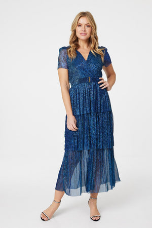 Navy | Lurex Wrap Front Tiered Midi Dress