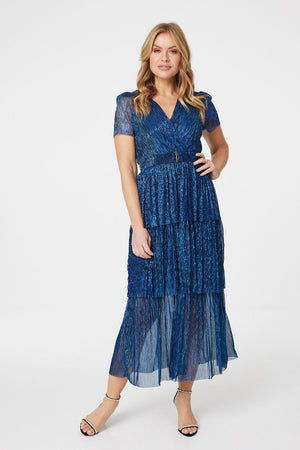 Blue | Lurex Wrap Front Tiered Midi Dress : Model is 5'10"/178 cm and wears UK8/EU36/US4/AUS8