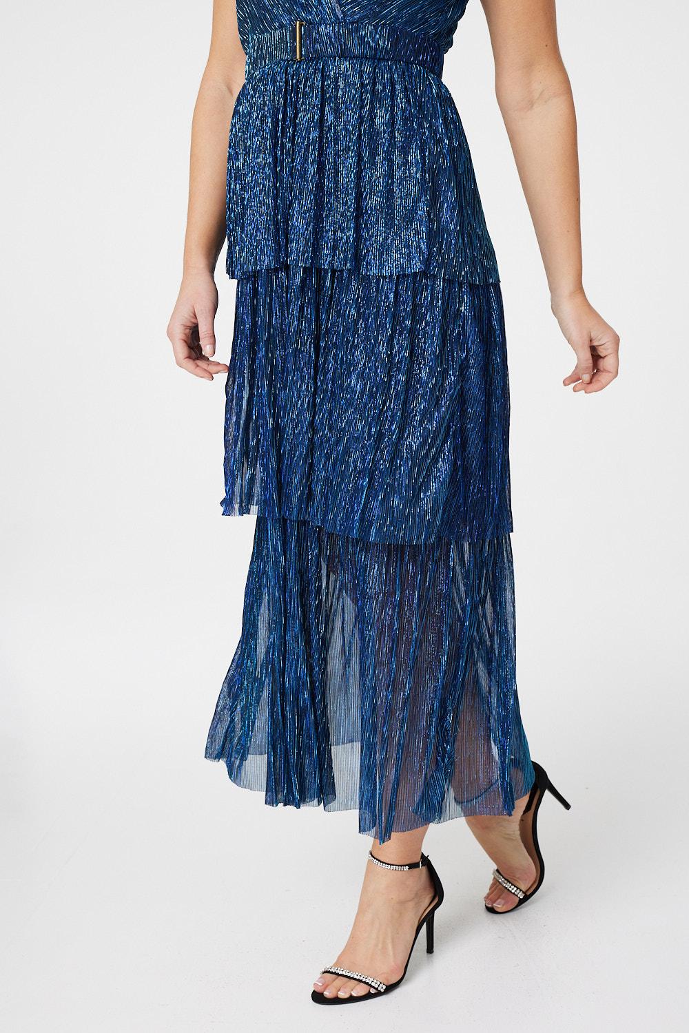 Navy | Lurex Wrap Front Tiered Midi Dress