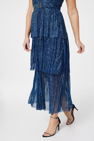 Navy | Lurex Wrap Front Tiered Midi Dress