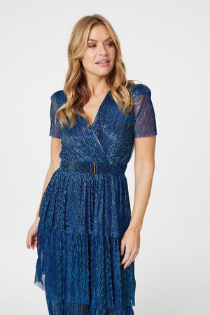 Navy | Lurex Wrap Front Tiered Midi Dress