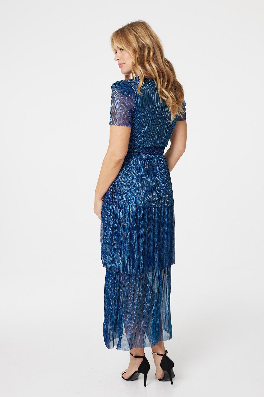 Navy | Lurex Wrap Front Tiered Midi Dress
