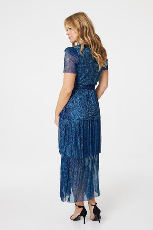 Navy | Lurex Wrap Front Tiered Midi Dress