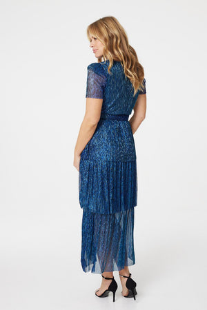 Blue | Lurex Wrap Front Tiered Midi Dress