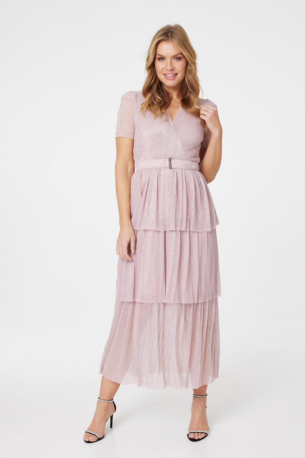 Pink | Lurex Wrap Front Tiered Midi Dress