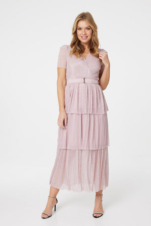 Pink | Lurex Wrap Front Tiered Midi Dress