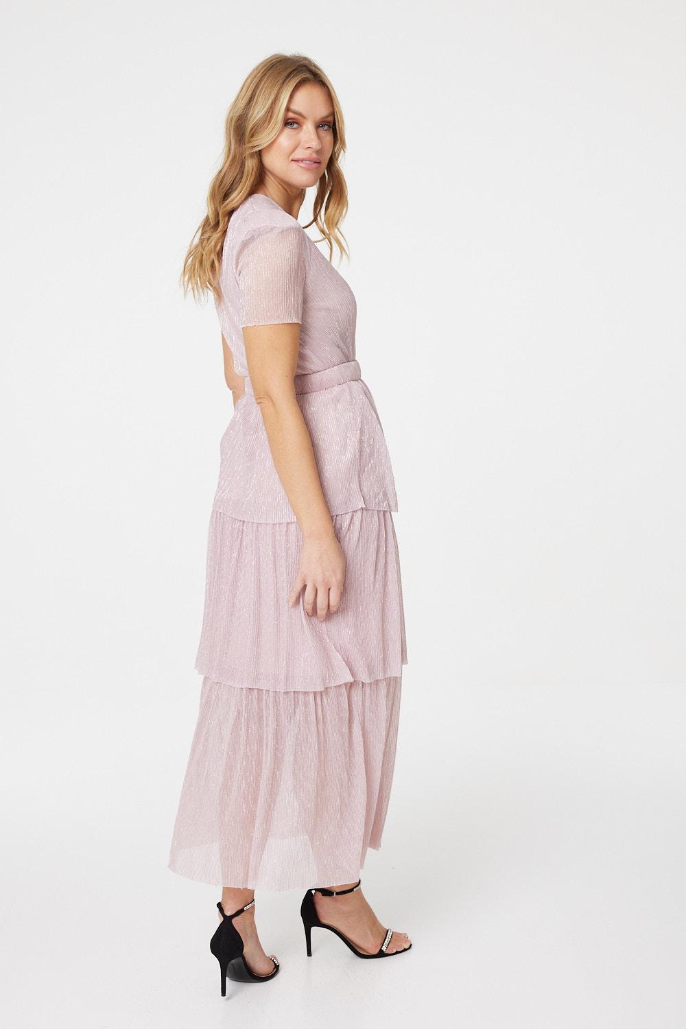Pink | Lurex Wrap Front Tiered Midi Dress