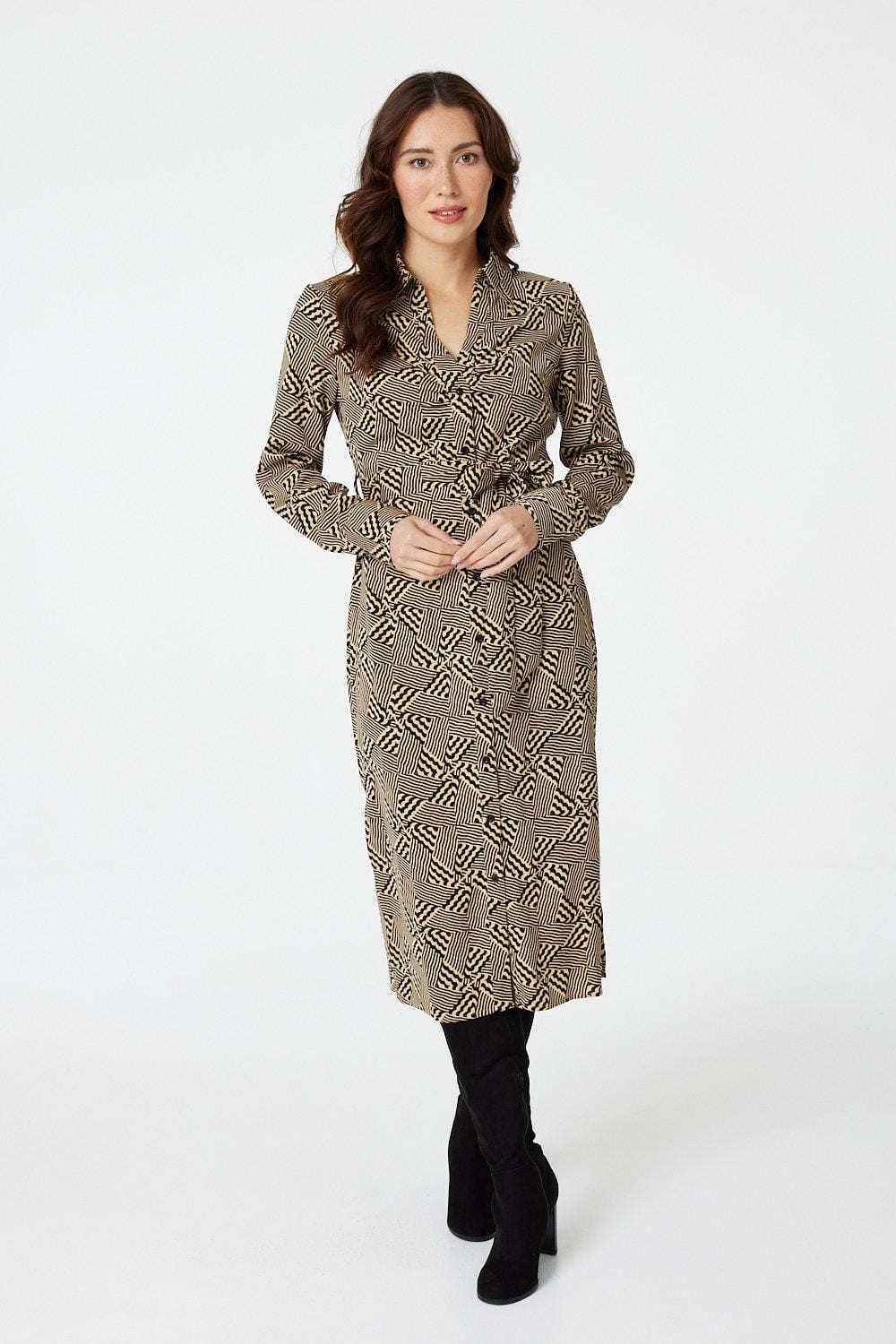 Beige | Geo Print Button Front Shirt Dress