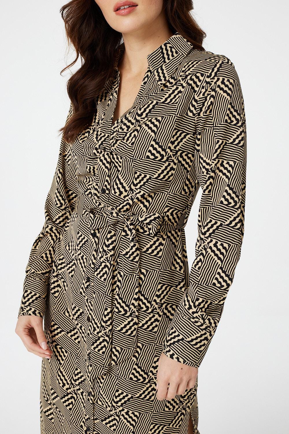 Beige | Geo Print Button Front Shirt Dress