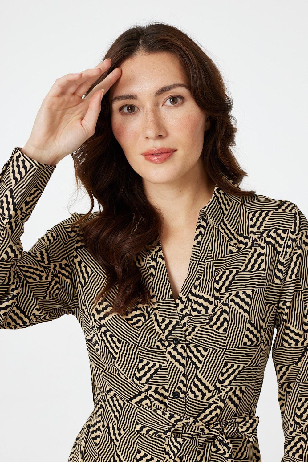 Beige | Geo Print Button Front Shirt Dress