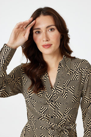 Beige | Geo Print Button Front Shirt Dress