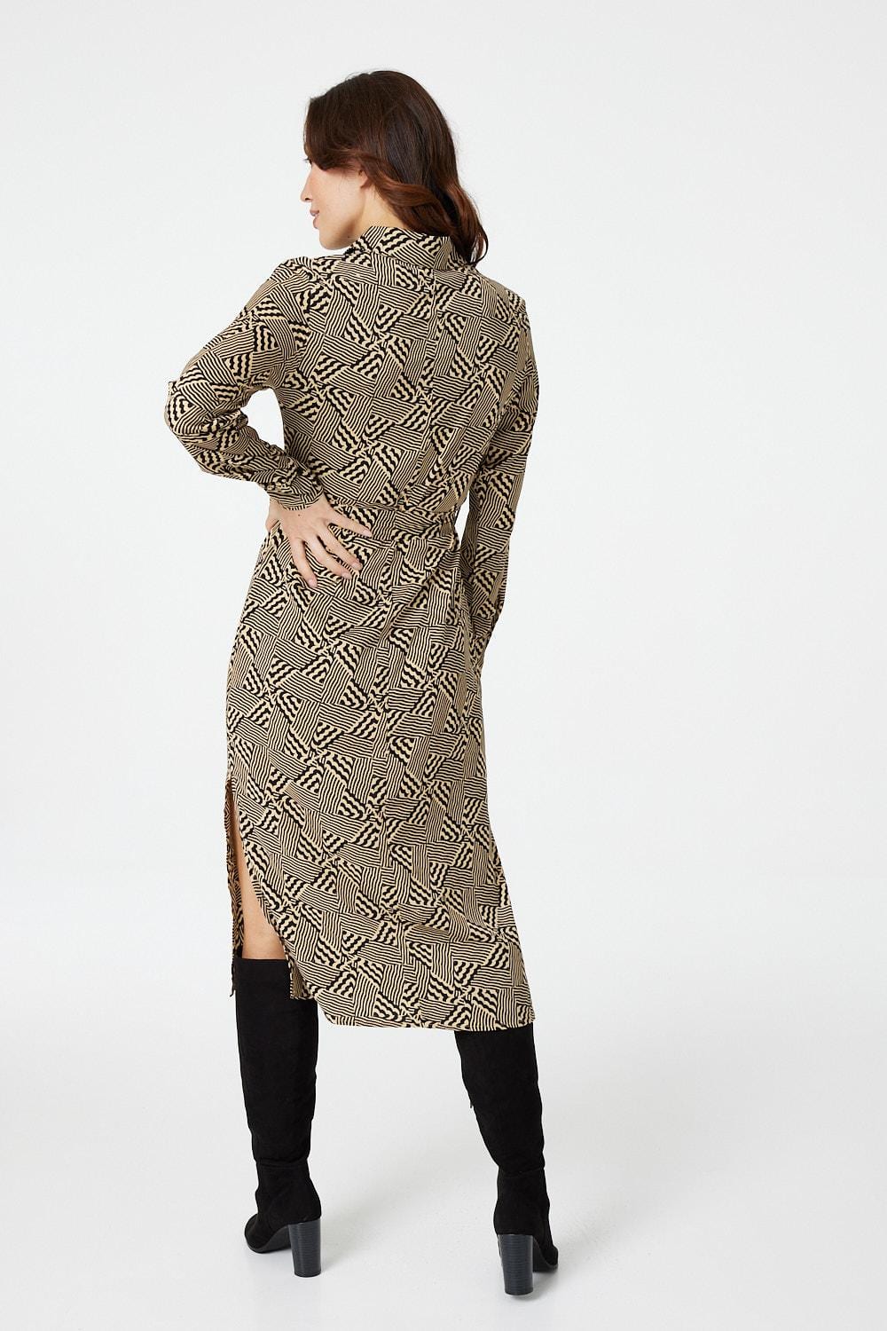 Beige | Geo Print Button Front Shirt Dress