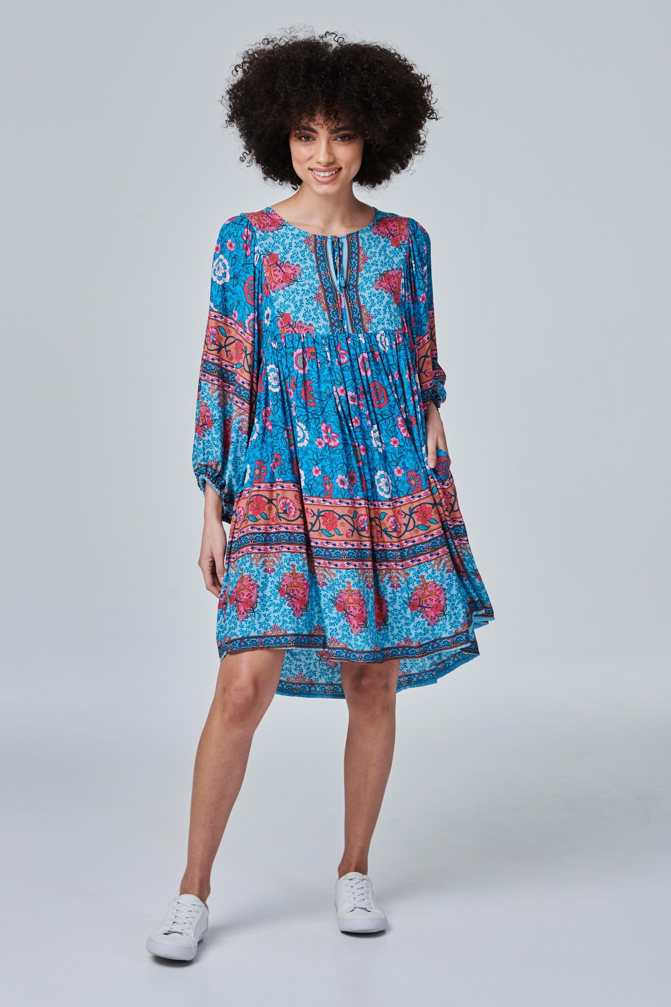 Turquoise | Floral Border Print Smock Dress