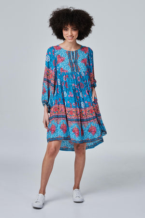 Turquoise | Floral Border Print Smock Dress