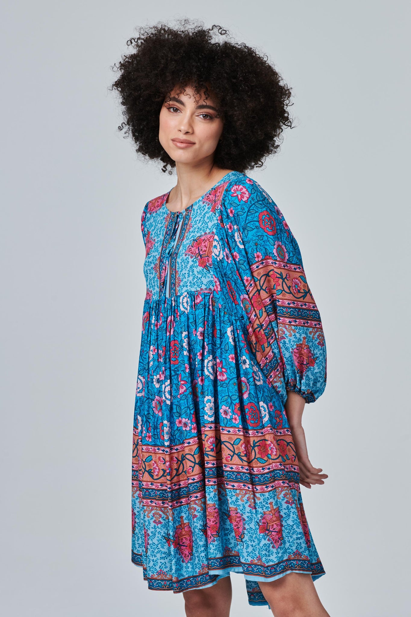 Turquoise | Floral Border Print Smock Dress