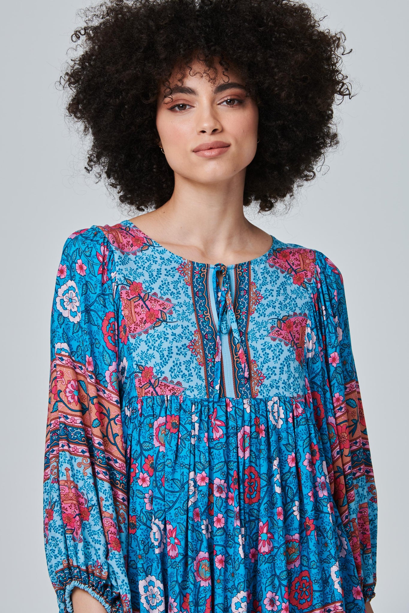 Turquoise | Floral Border Print Smock Dress