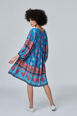 Turquoise | Floral Border Print Smock Dress