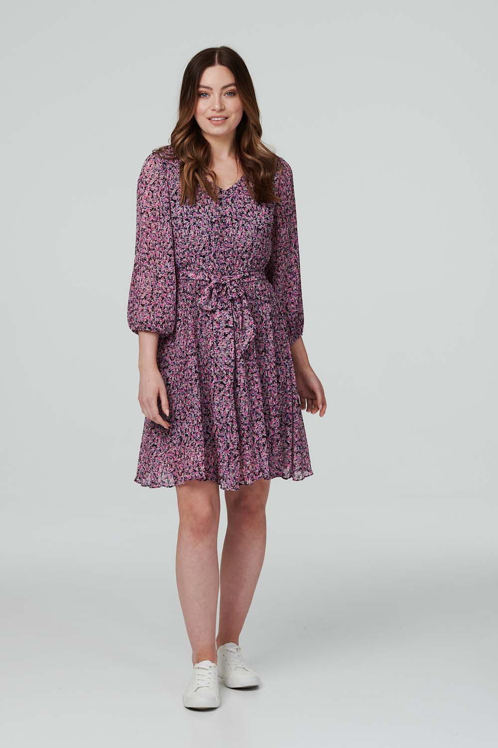 Pink | Floral Pleated 3/4 Sleeve Dress