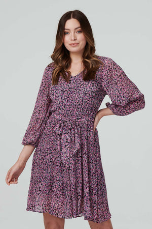 Pink | Floral Pleated 3/4 Sleeve Dress