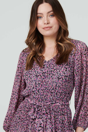 Pink | Floral Pleated 3/4 Sleeve Dress