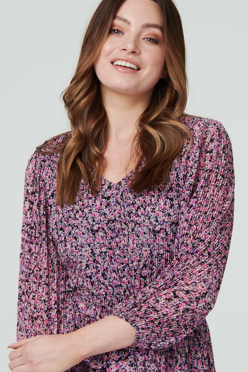 Pink | Floral Pleated 3/4 Sleeve Dress