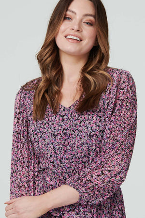 Pink | Floral Pleated 3/4 Sleeve Dress