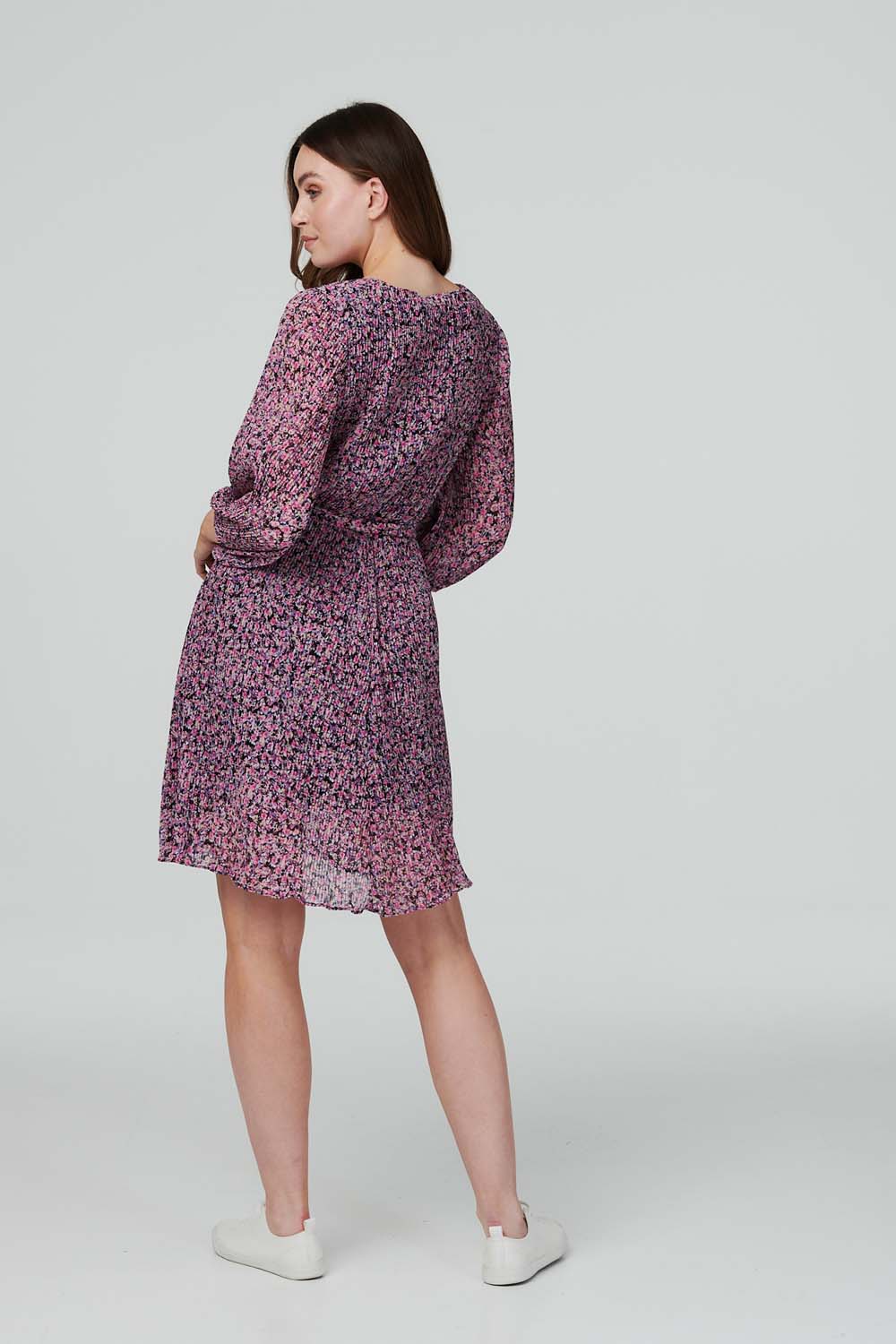 Pink | Floral Pleated 3/4 Sleeve Dress