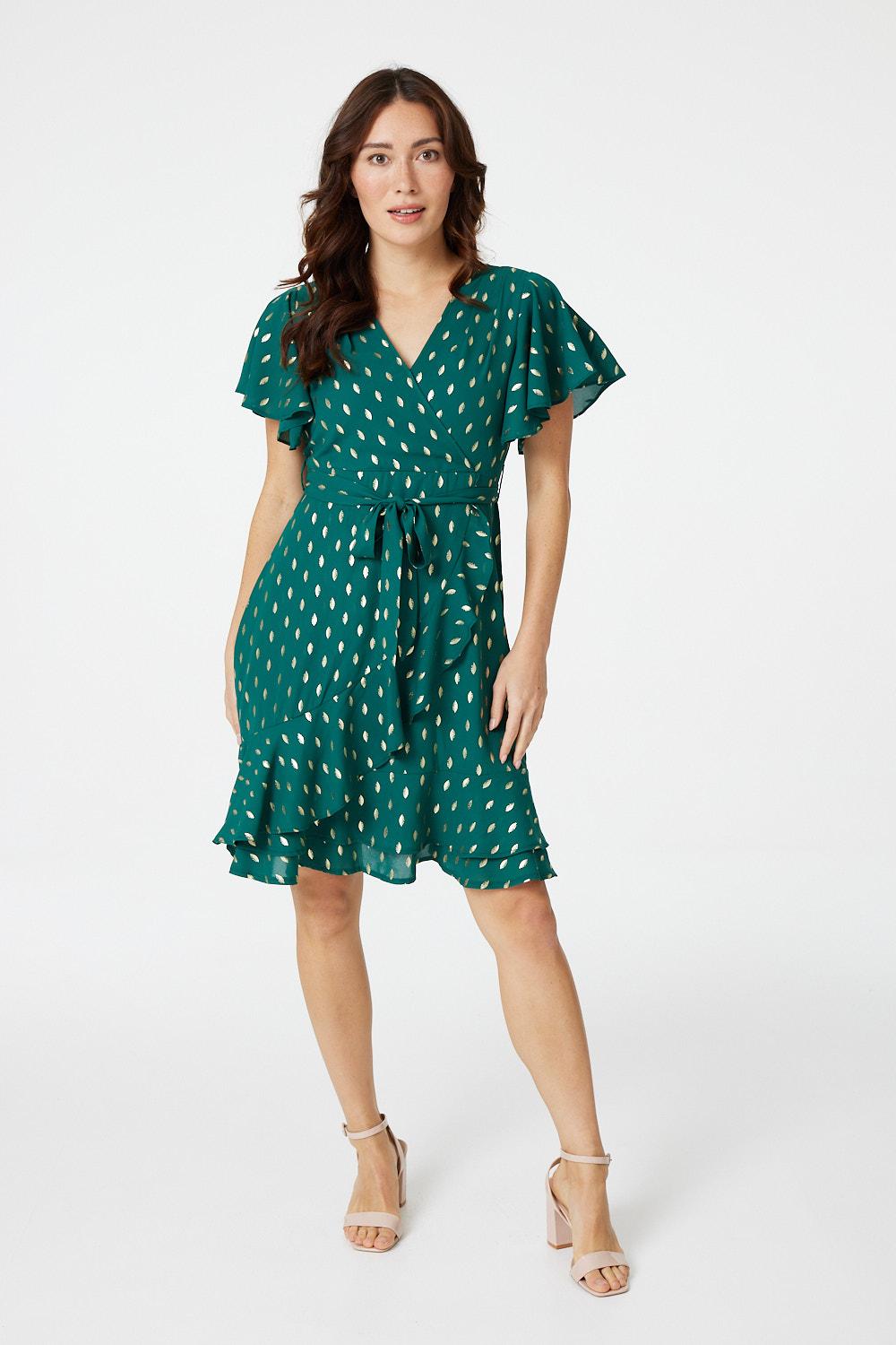 Green | Polka Dot V-Neck Wrap Front Dress