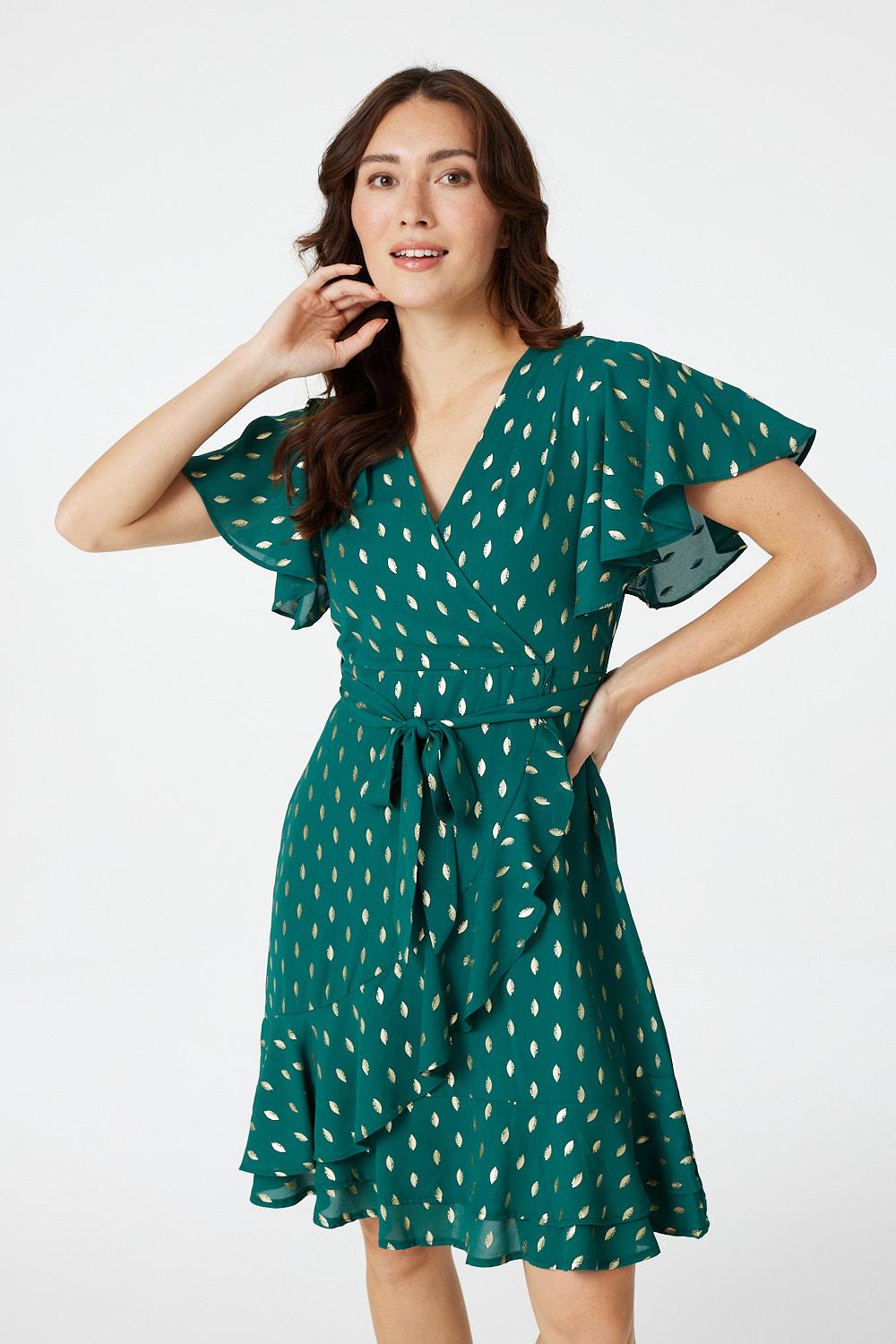 Green | Polka Dot V-Neck Wrap Front Dress