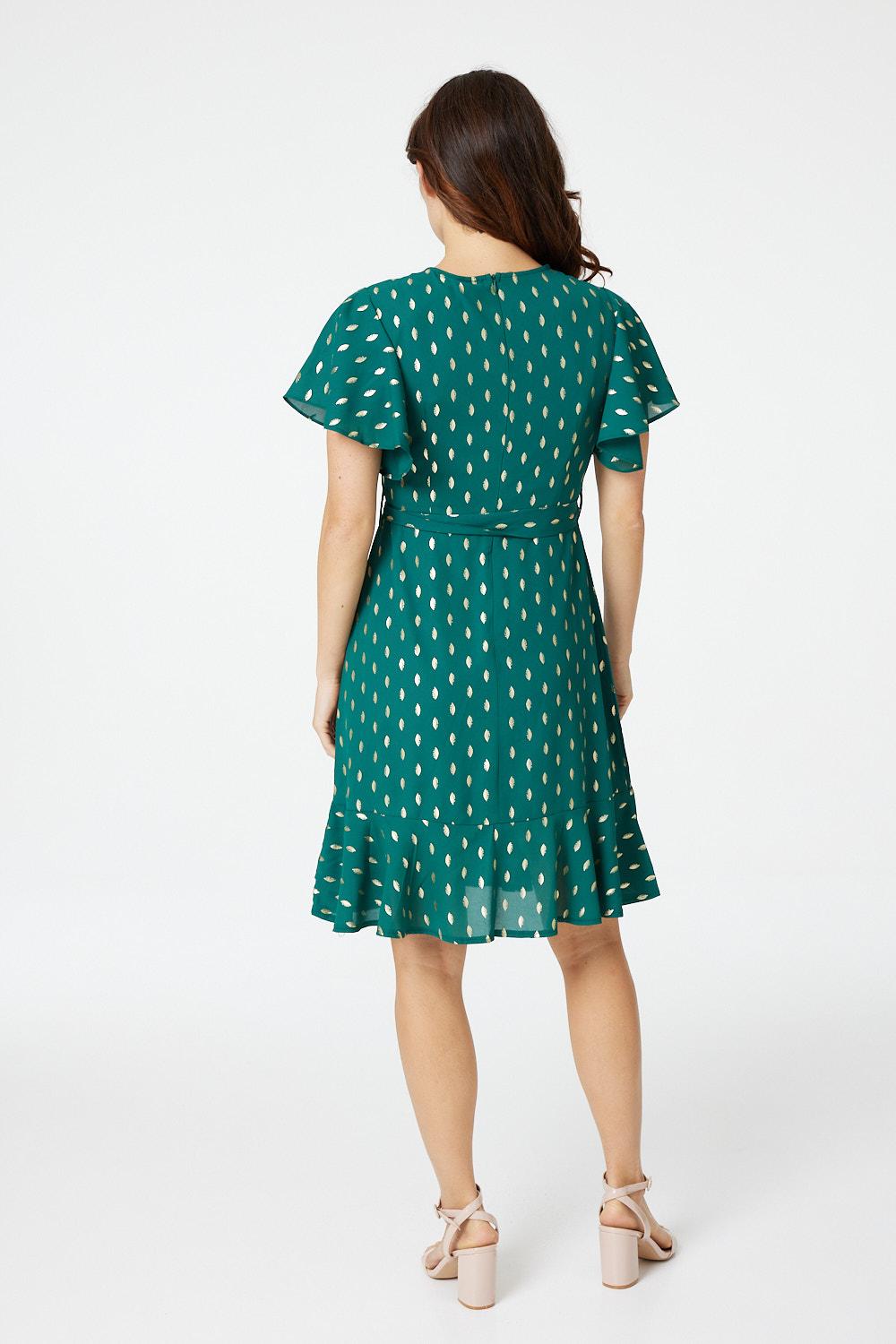 Green | Polka Dot V-Neck Wrap Front Dress