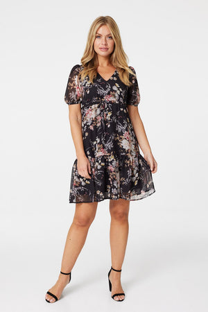 Black | Floral Sheer Sleeve Smock Dress