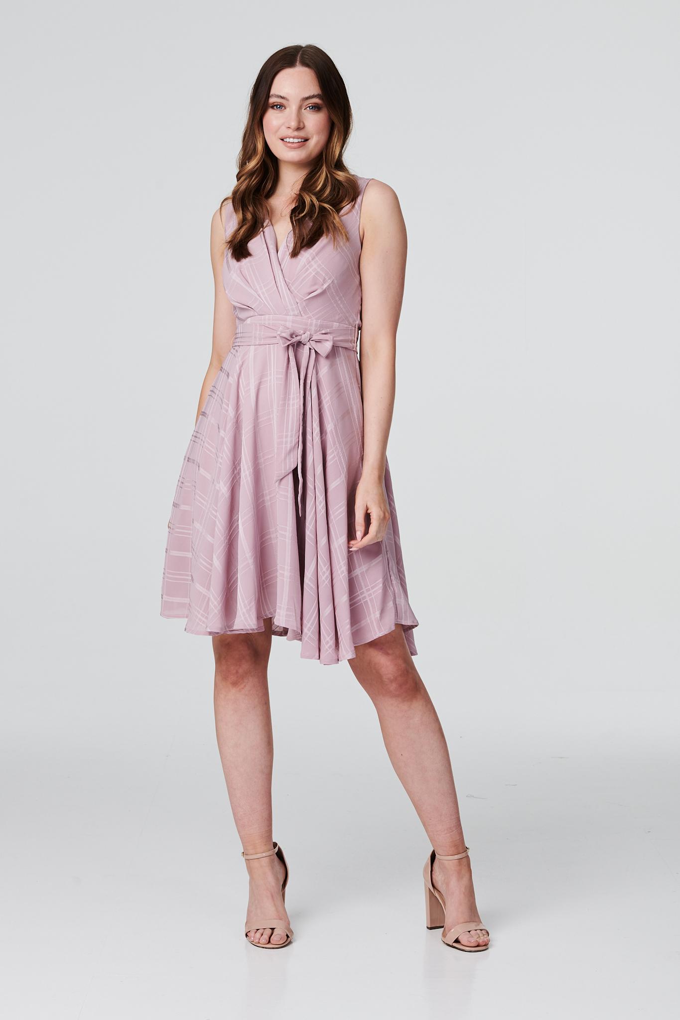 Pink | Checked Wrap Front Skater Dress