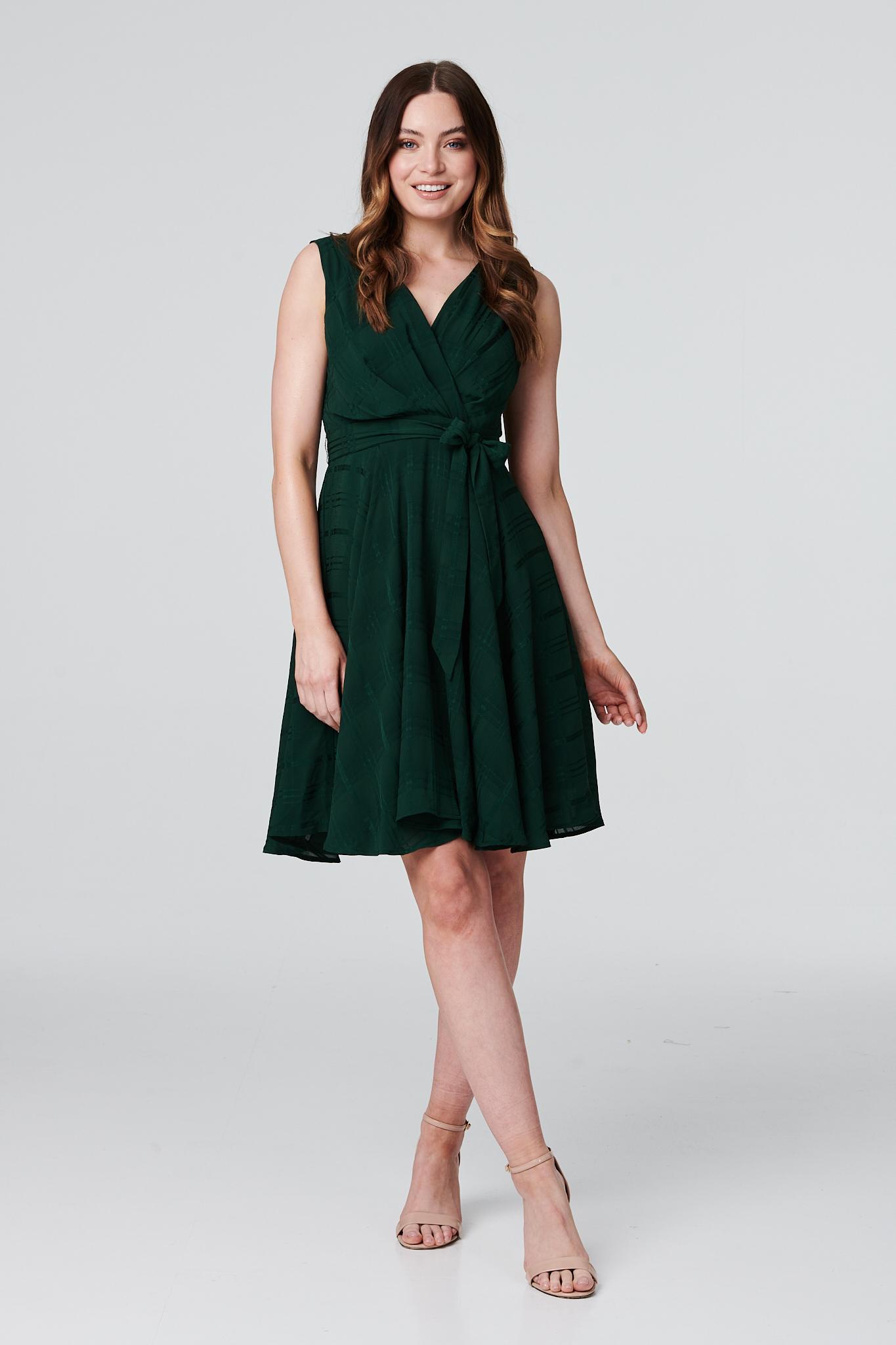 Dark Green | Checked Wrap Front Skater Dress