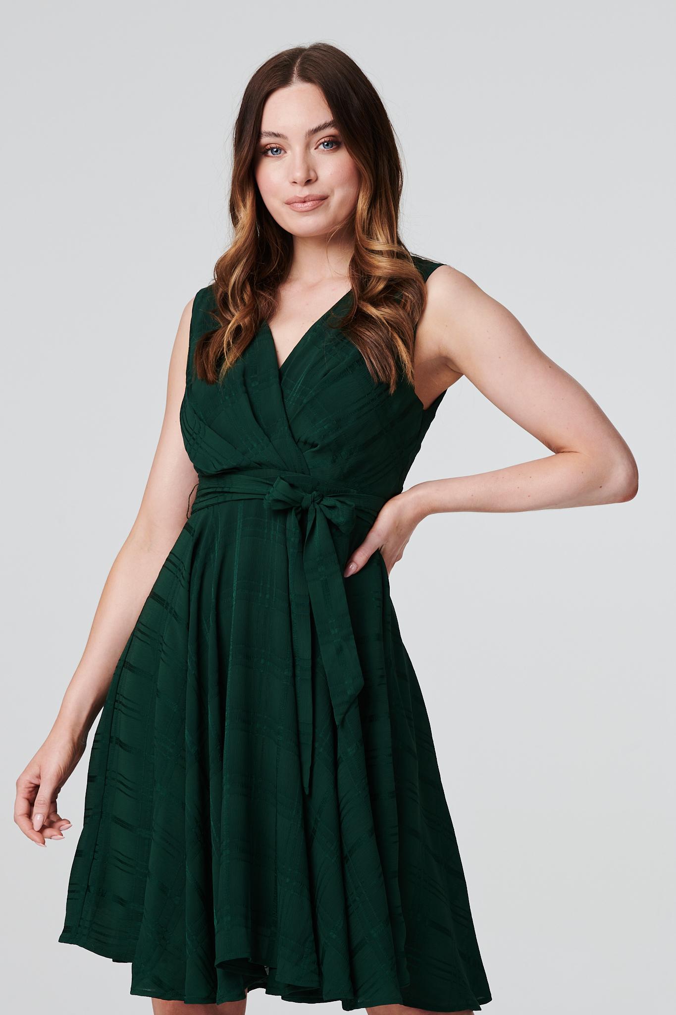 Dark Green | Checked Wrap Front Skater Dress