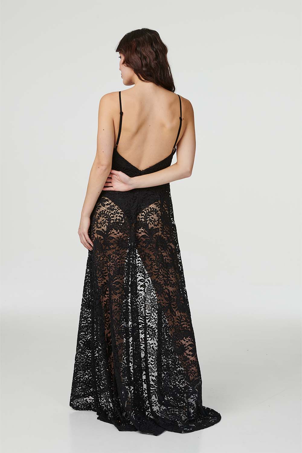 Black | Lace Backless Sheer Maxi Dress