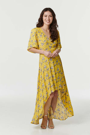 Yellow | Floral Wrap Front Midi Dress