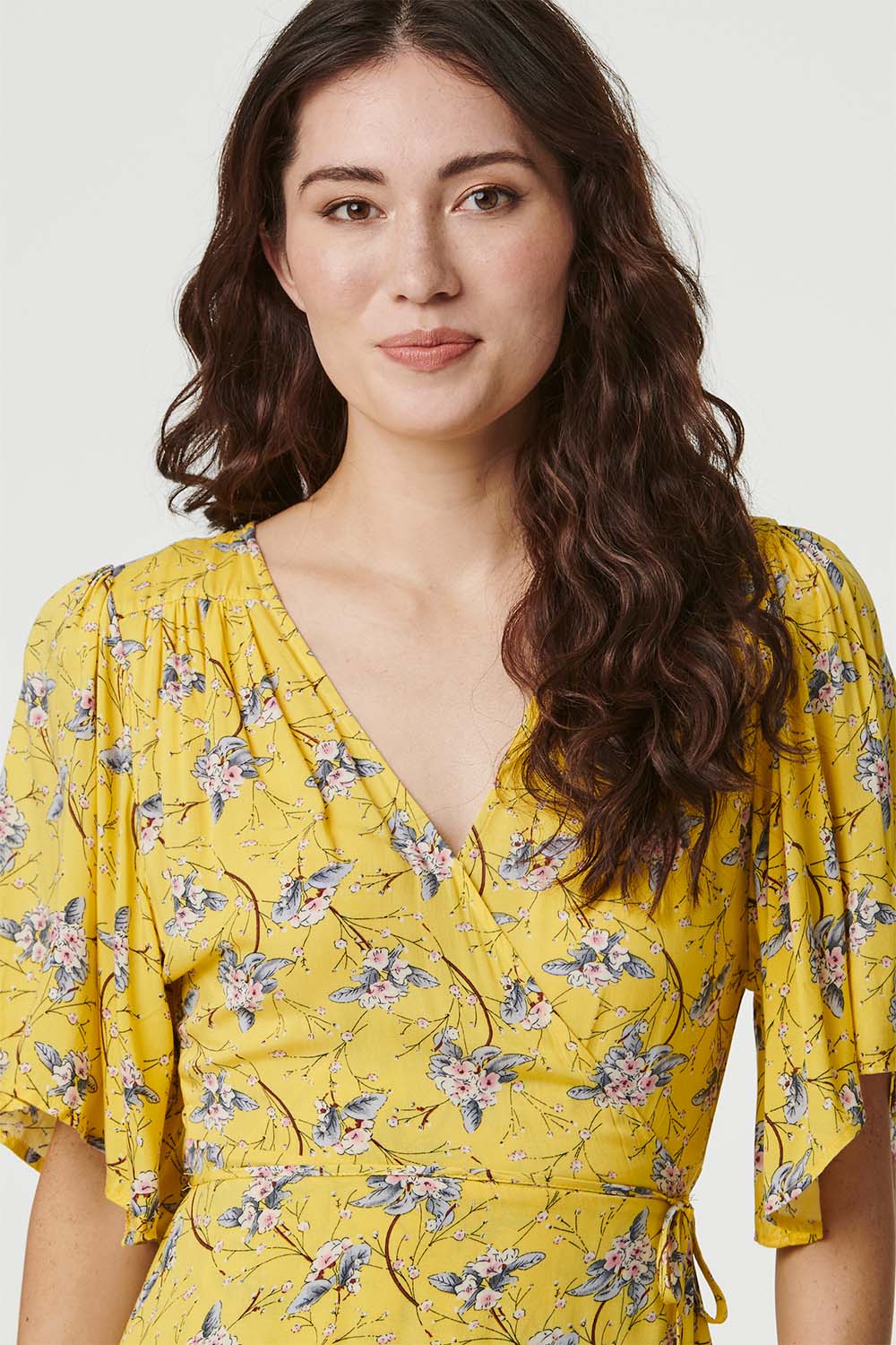 Yellow | Floral Wrap Front Midi Dress