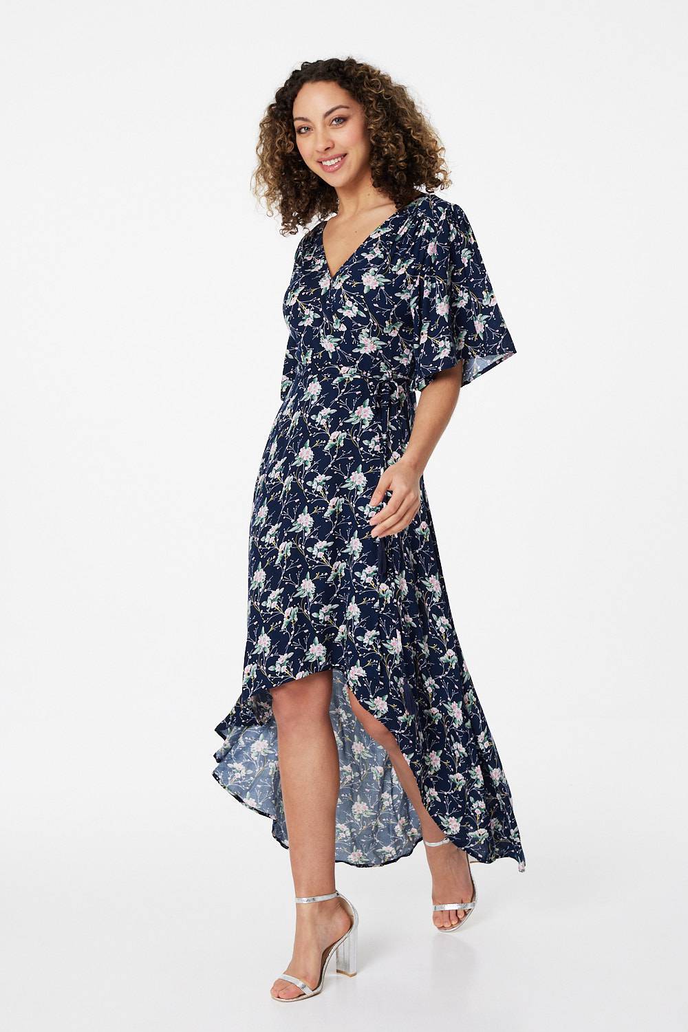Navy | Floral Wrap Front Midi Dress