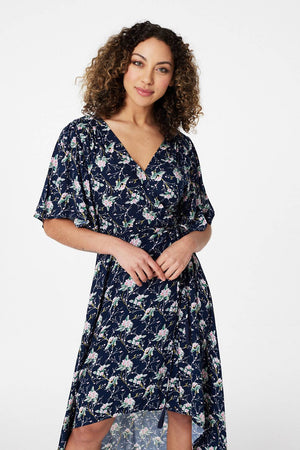 Navy | Floral Wrap Front Midi Dress