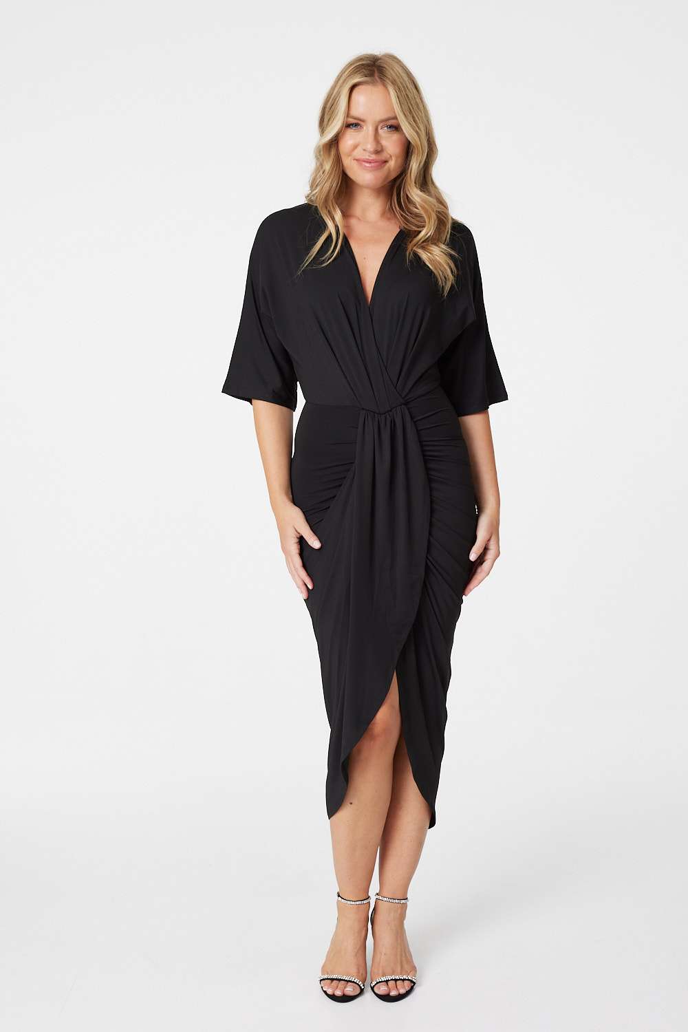 Black | Wrap Front Draped Midi Dress
