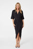 Black | Wrap Front Draped Midi Dress