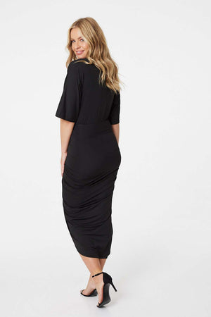 Black | Wrap Front Draped Midi Dress