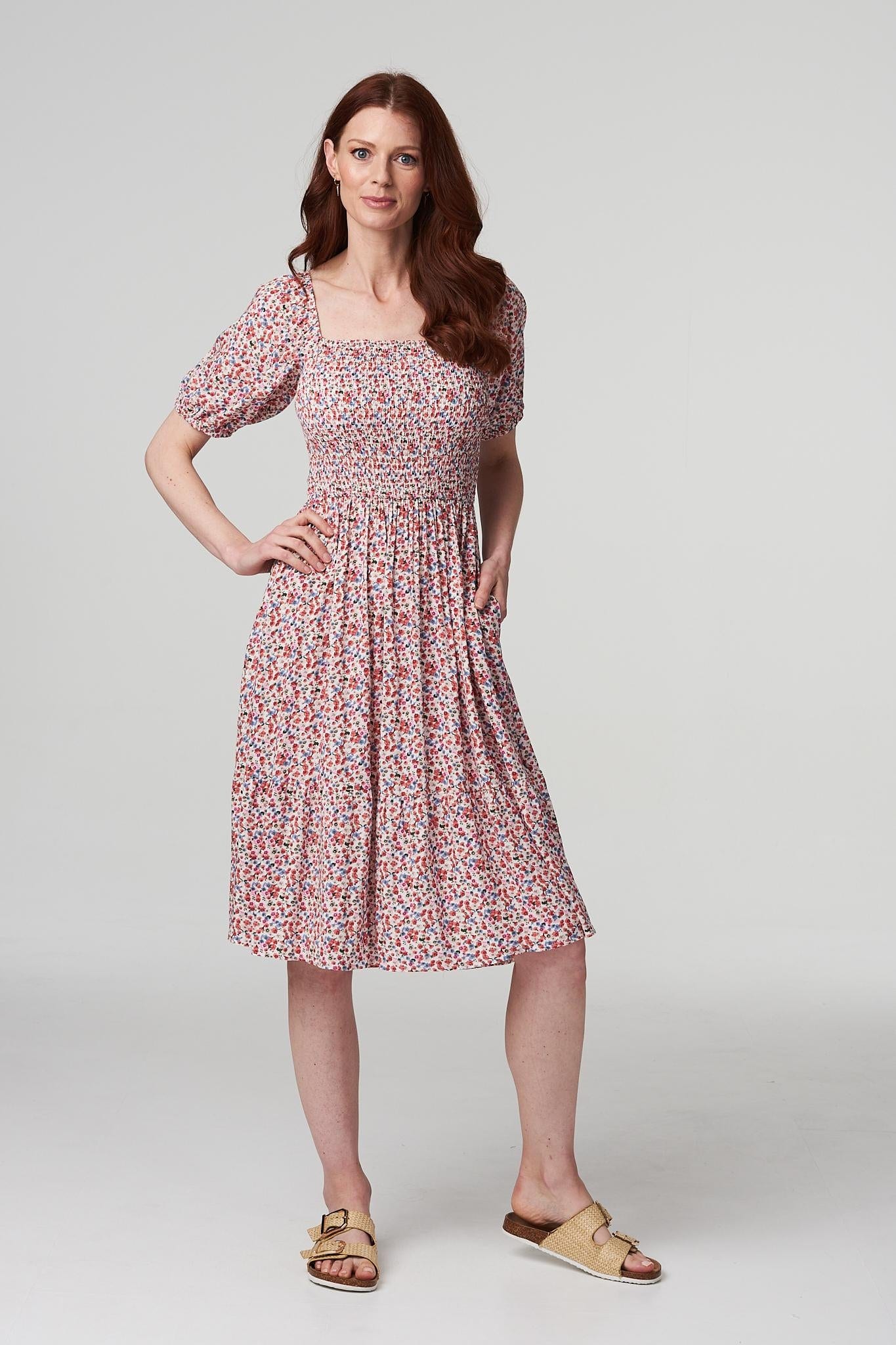 White | Floral Bardot Smocked Dress