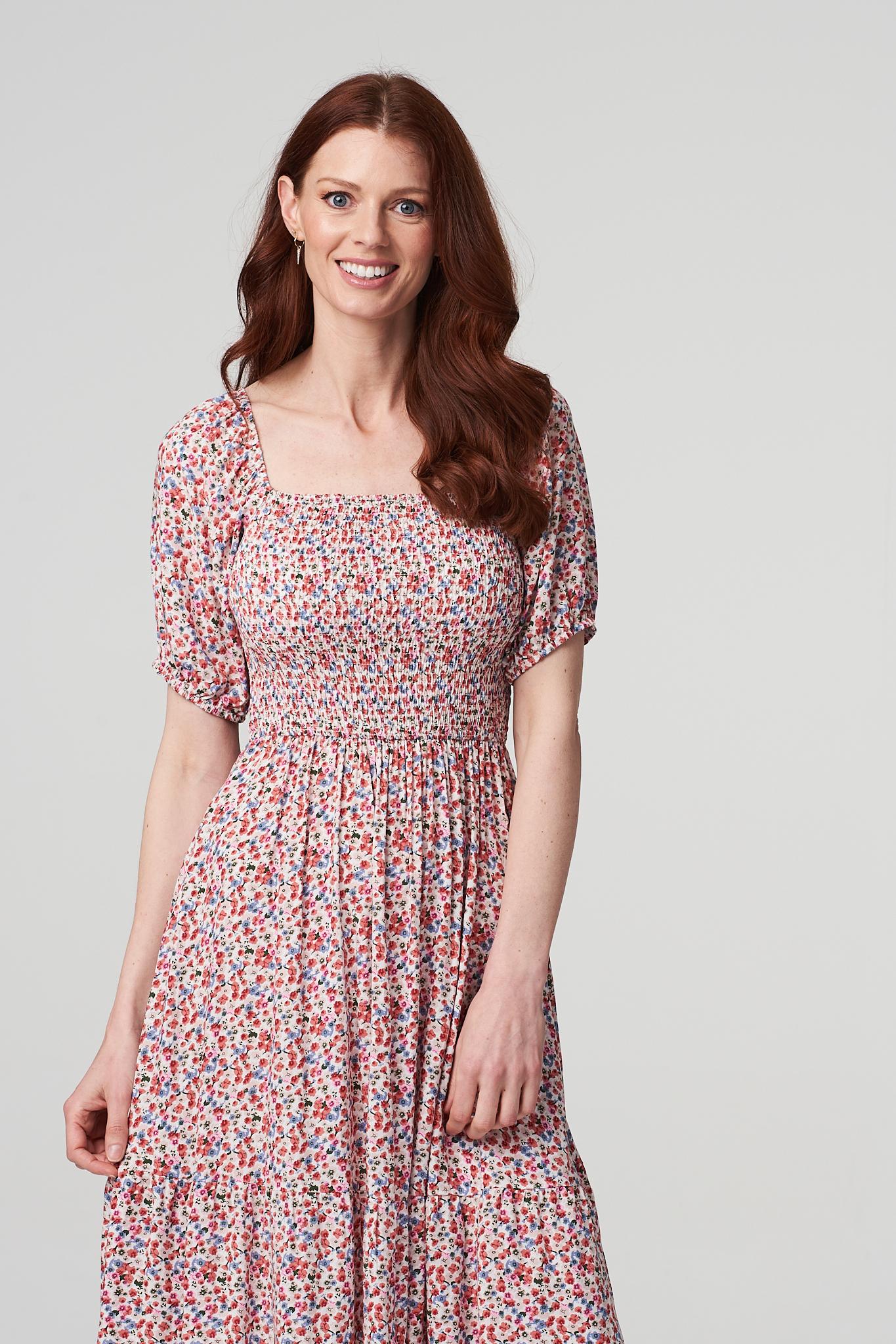 White | Floral Bardot Smocked Dress
