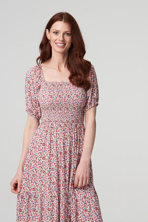 White | Floral Bardot Smocked Dress