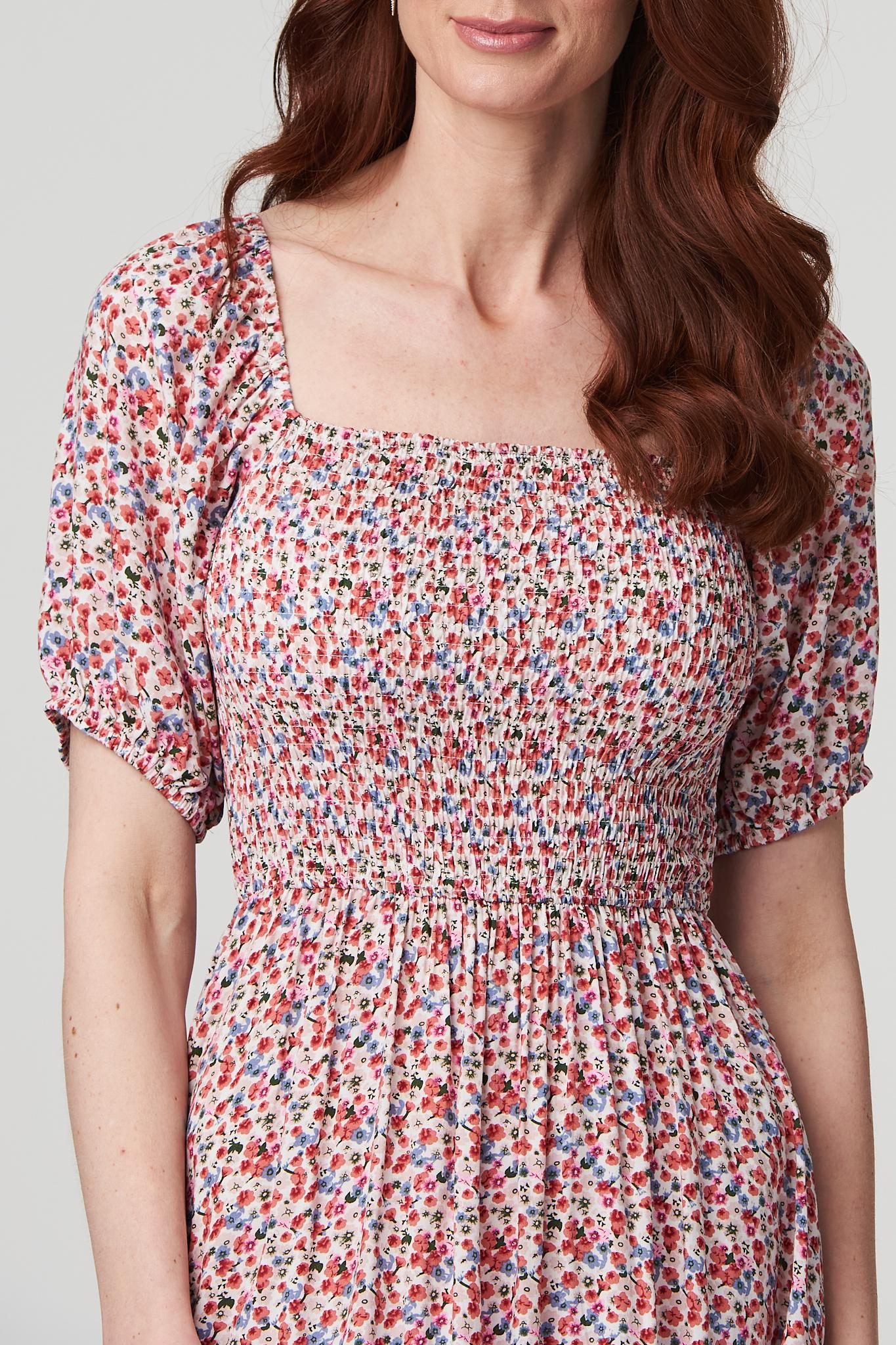 White | Floral Bardot Smocked Dress