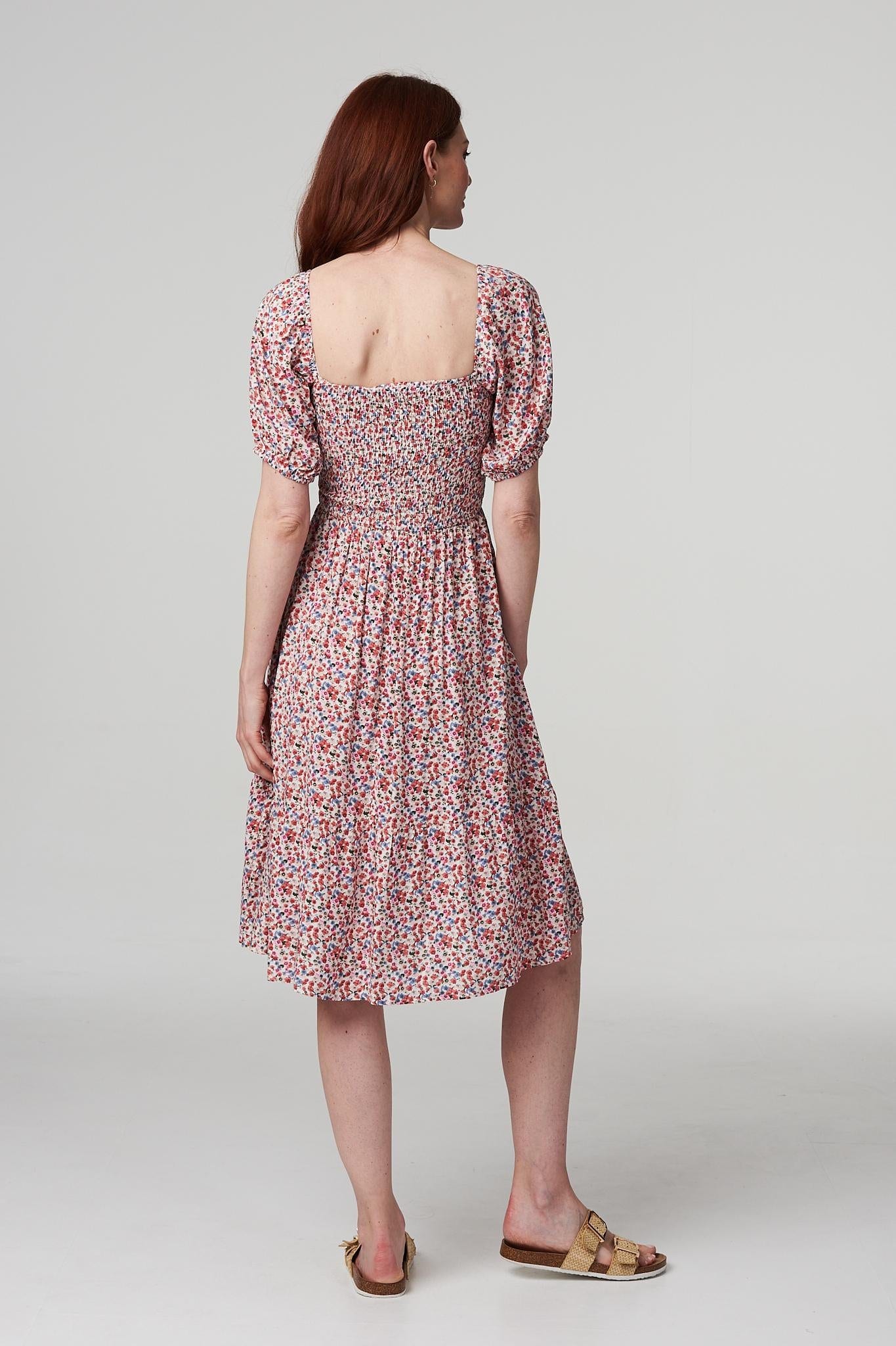 White | Floral Bardot Smocked Dress