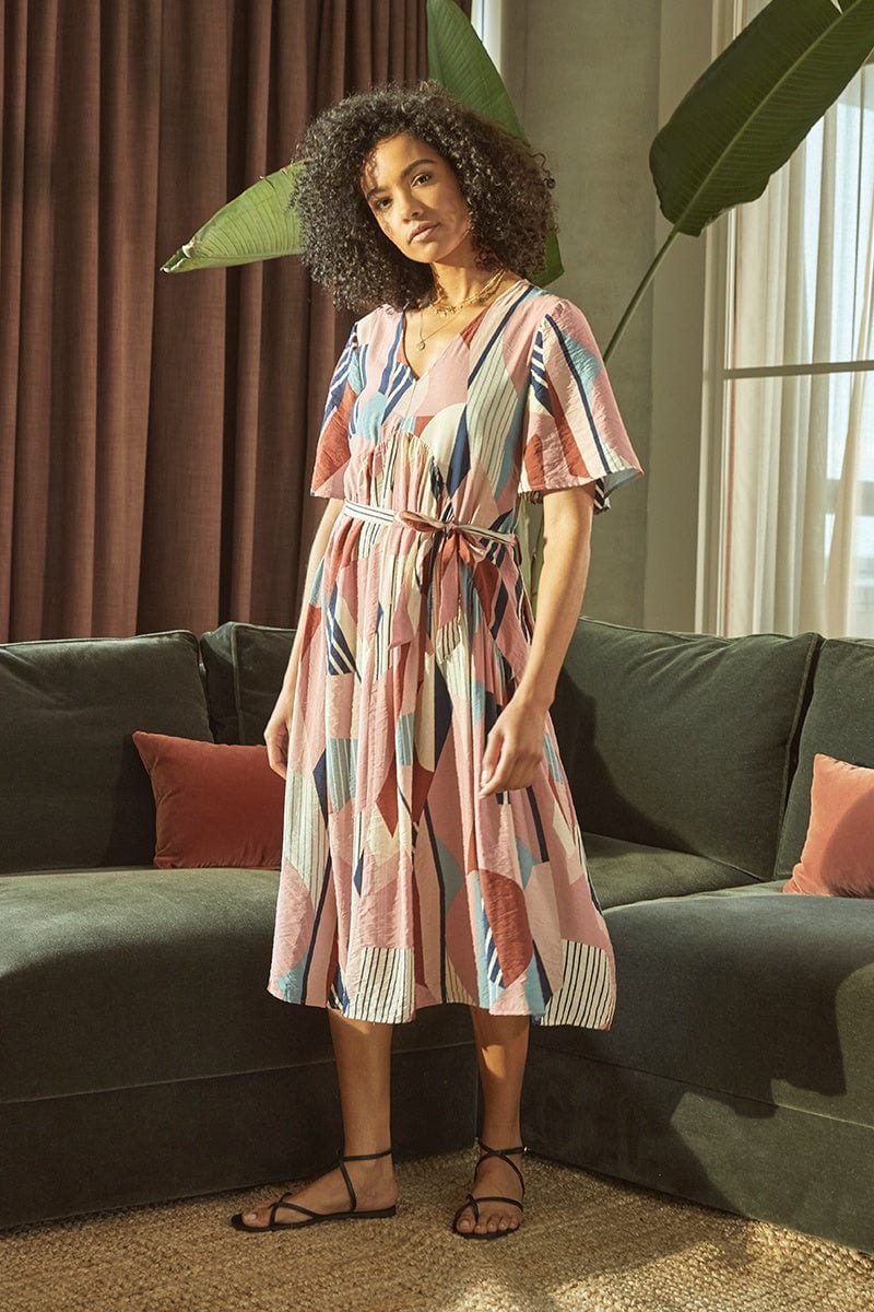 Pink | Geo Print Tie Waist Midi Dress