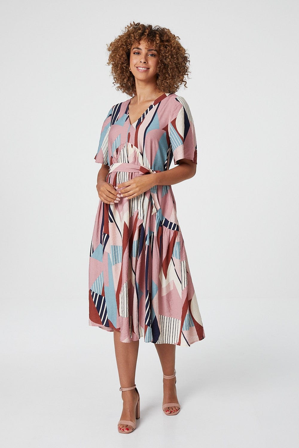 Pink | Geo Print Tie Waist Midi Dress